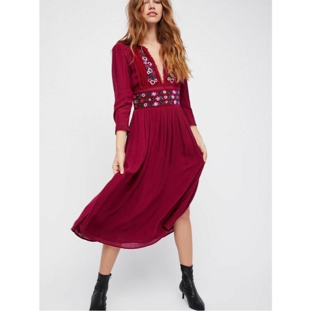 Free People Burgundy Embroidered V-Neck Midi Dress